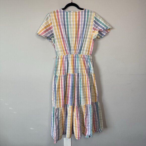 J. Crew Faux-Wrap Rainbow Gingham Cotton Tiered Midi Dress 10 Colorful Fun Retro - Picture 3 of 9